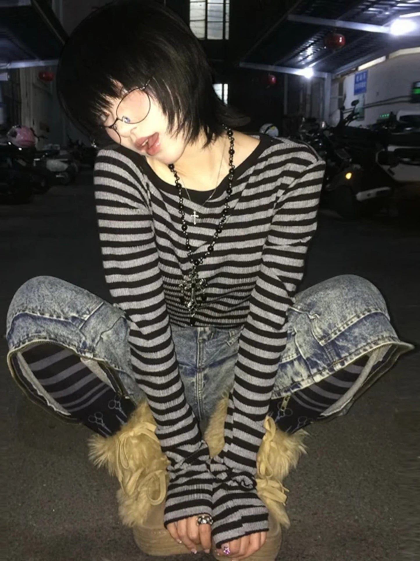 Y2K Off-Shoulder Striped Long Sleeve Top