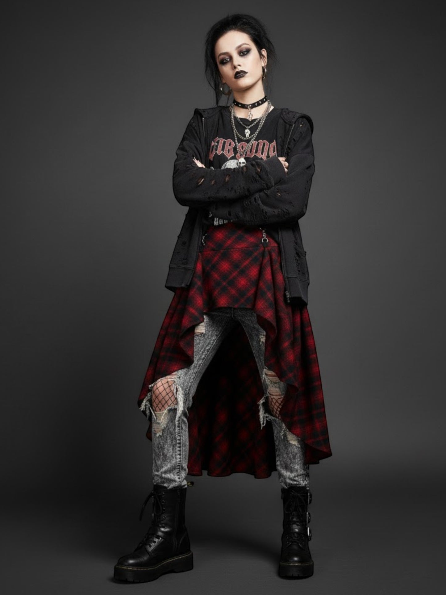 Gothic Red Plaid Draped High-Waist Skirt