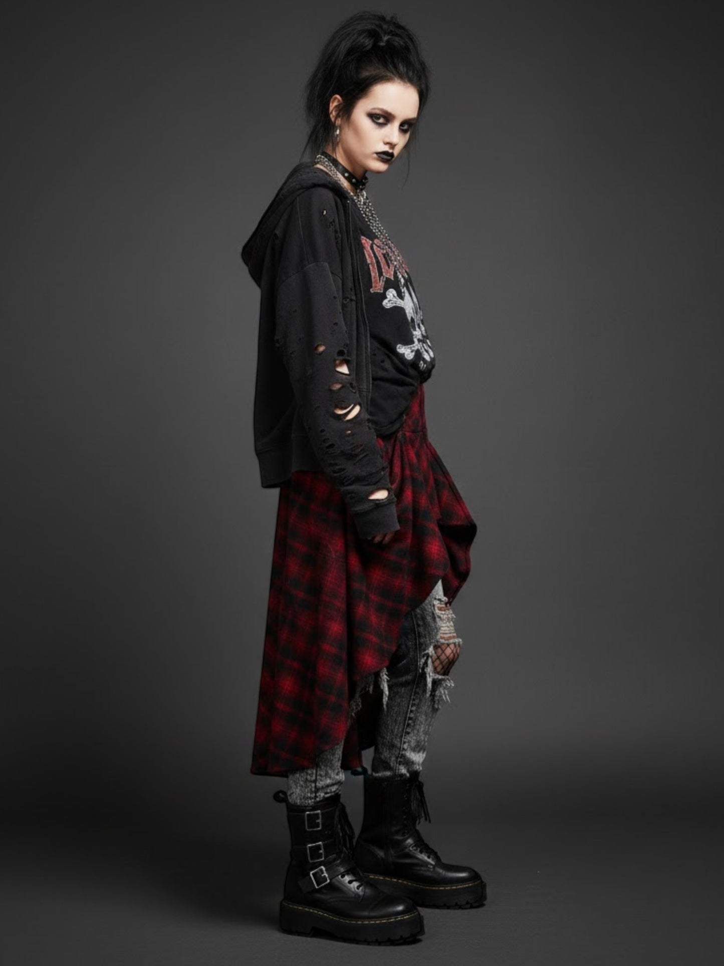 Gothic Red Plaid Draped High-Waist Skirt