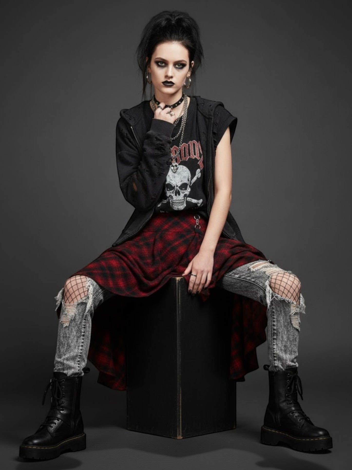 Gothic Red Plaid Draped High-Waist Skirt