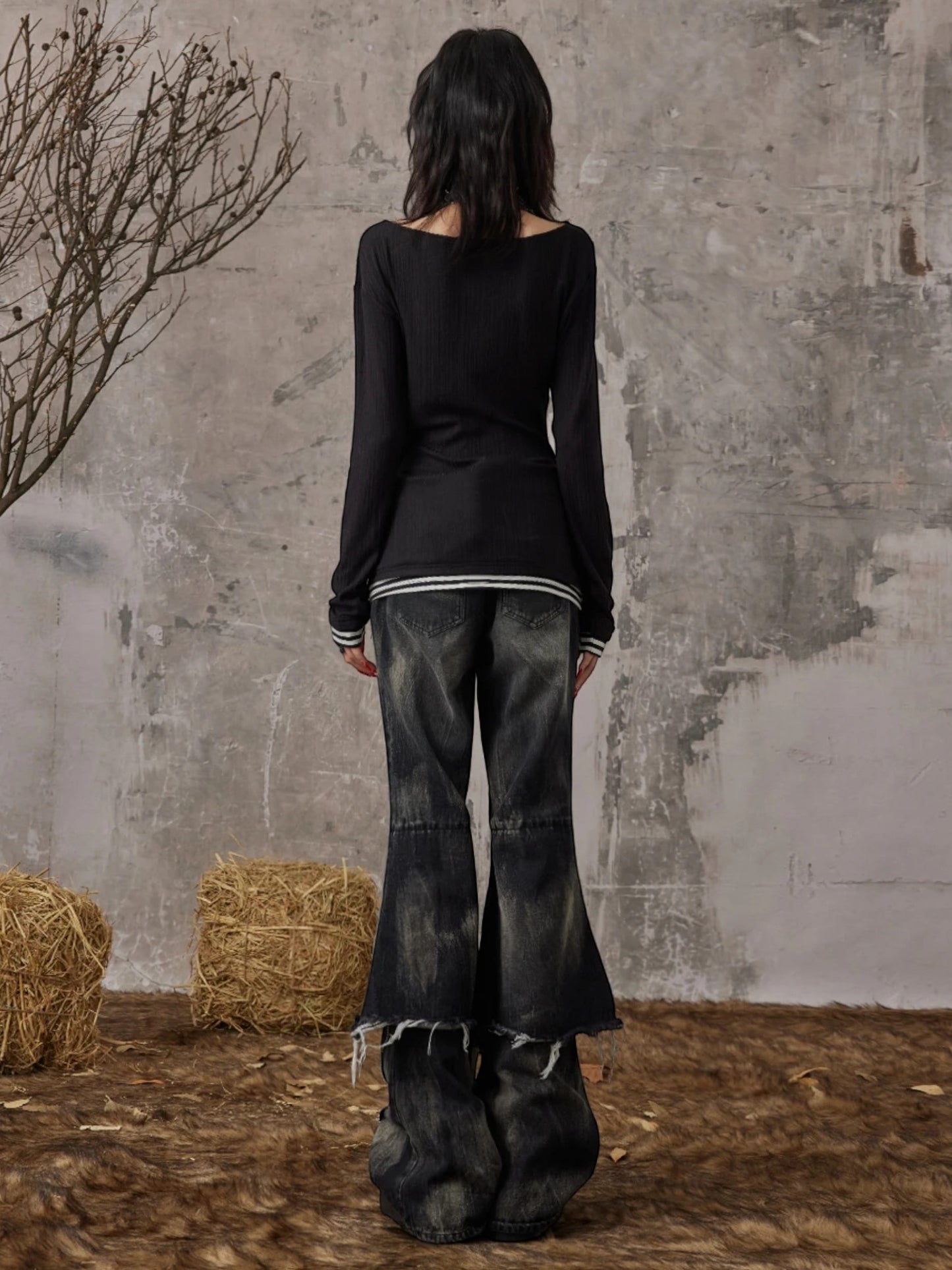 Grunge Patchwork Fake Two-Piece Cross Long Sleeve Top