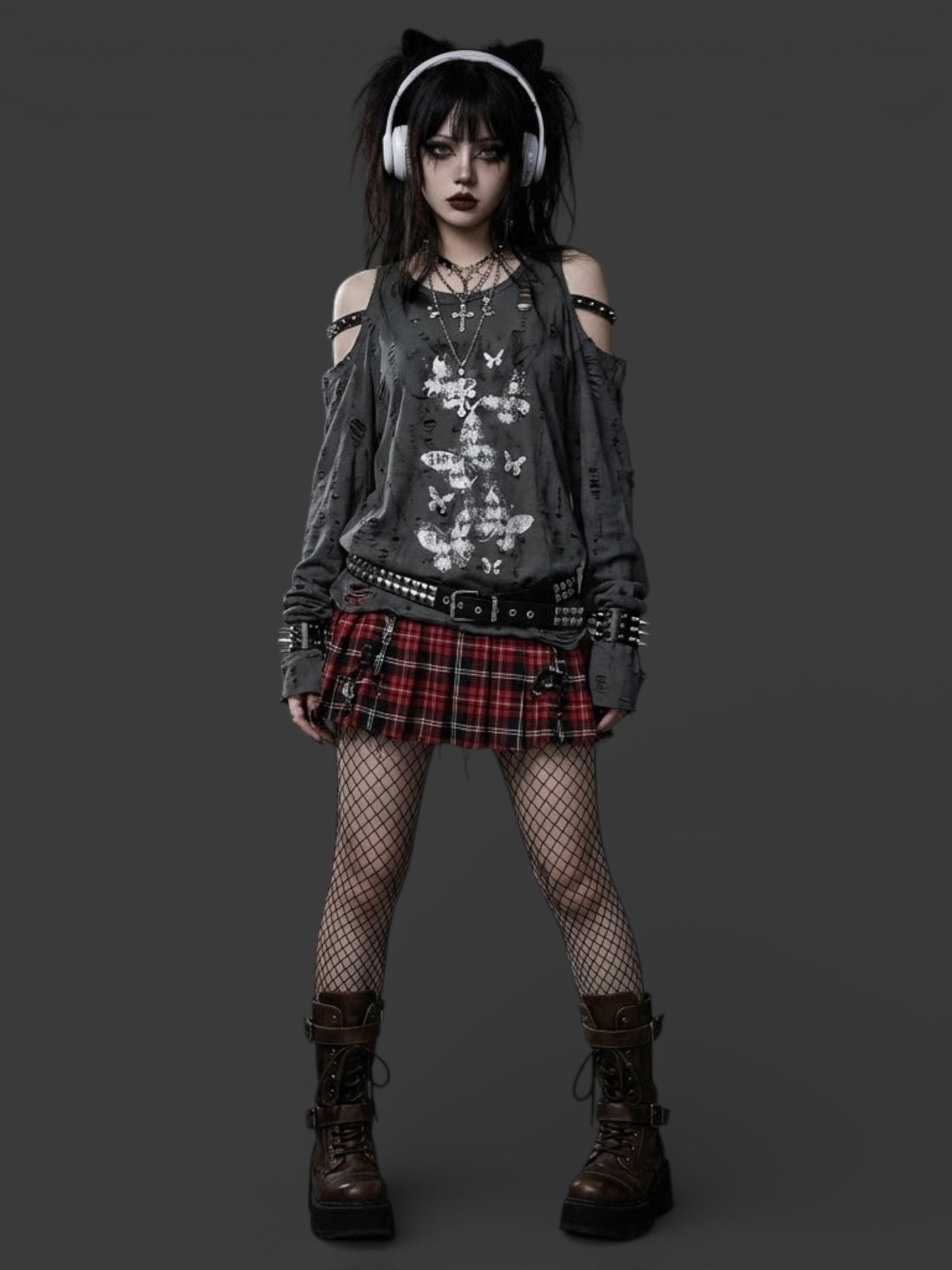 Grunge Hollow-Out Off-Shoulder Long Sleeve Top