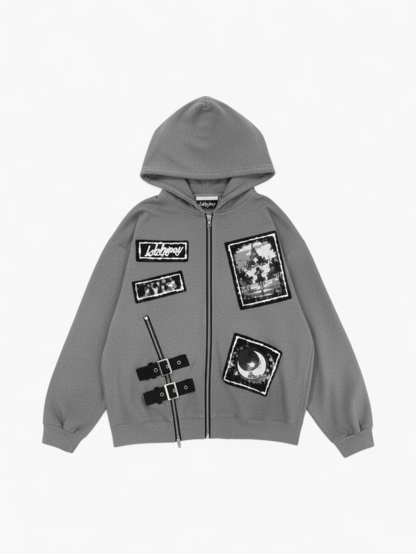 Grunge Patchwork Anime Graphic Zip-Up Hoodie