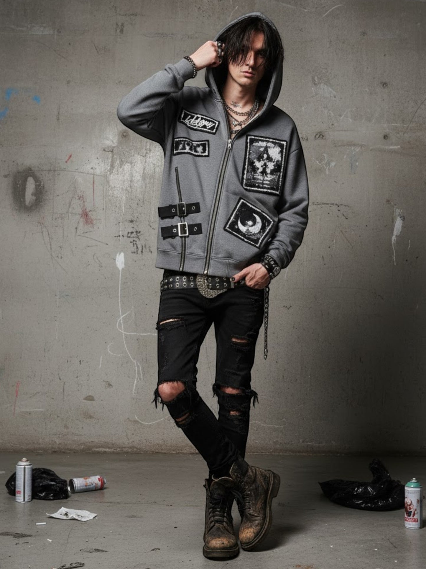 Grunge Patchwork Anime Graphic Zip-Up Hoodie