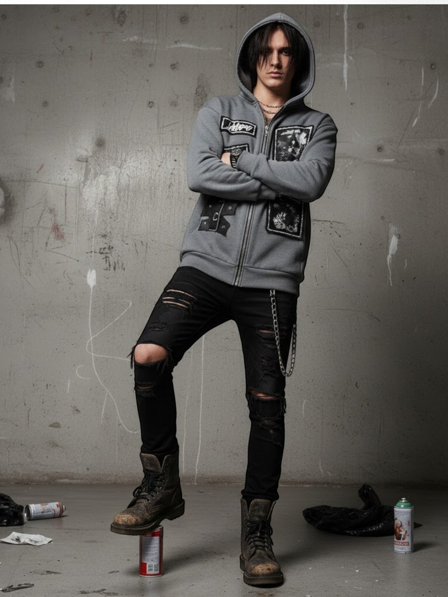 Grunge Patchwork Anime Graphic Zip-Up Hoodie