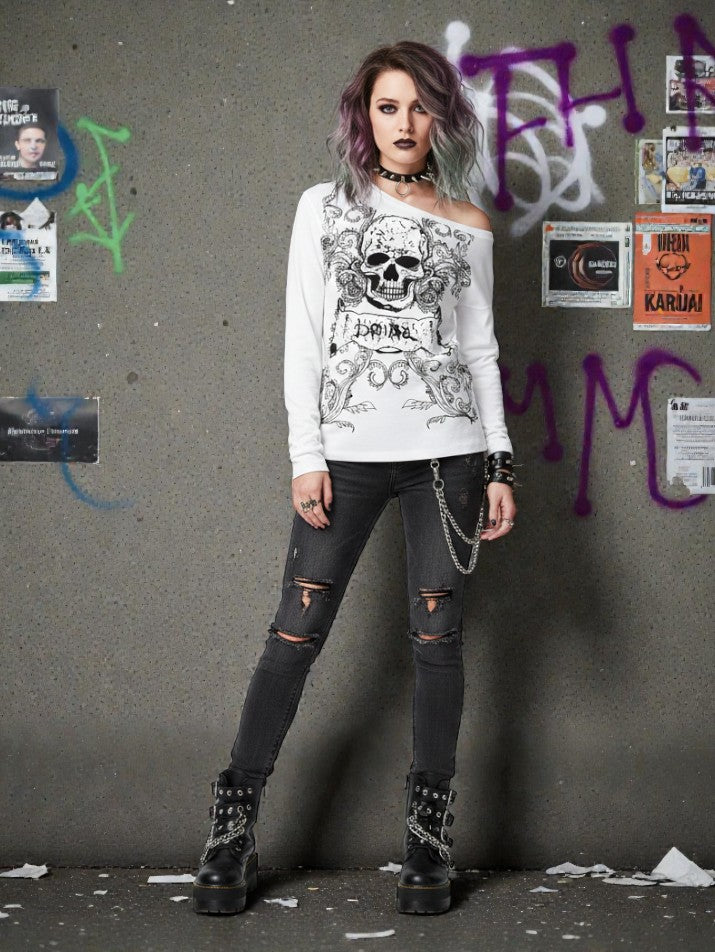 Off-Shoulder Skull Tee