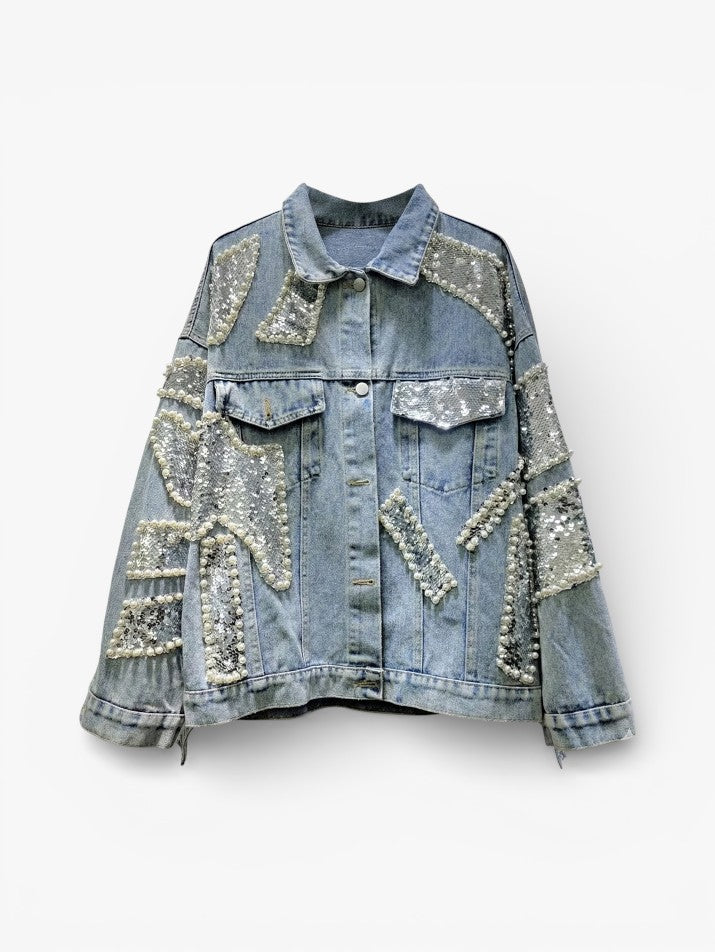 Irregular Sequin Pearl Grunge Denim Jacket