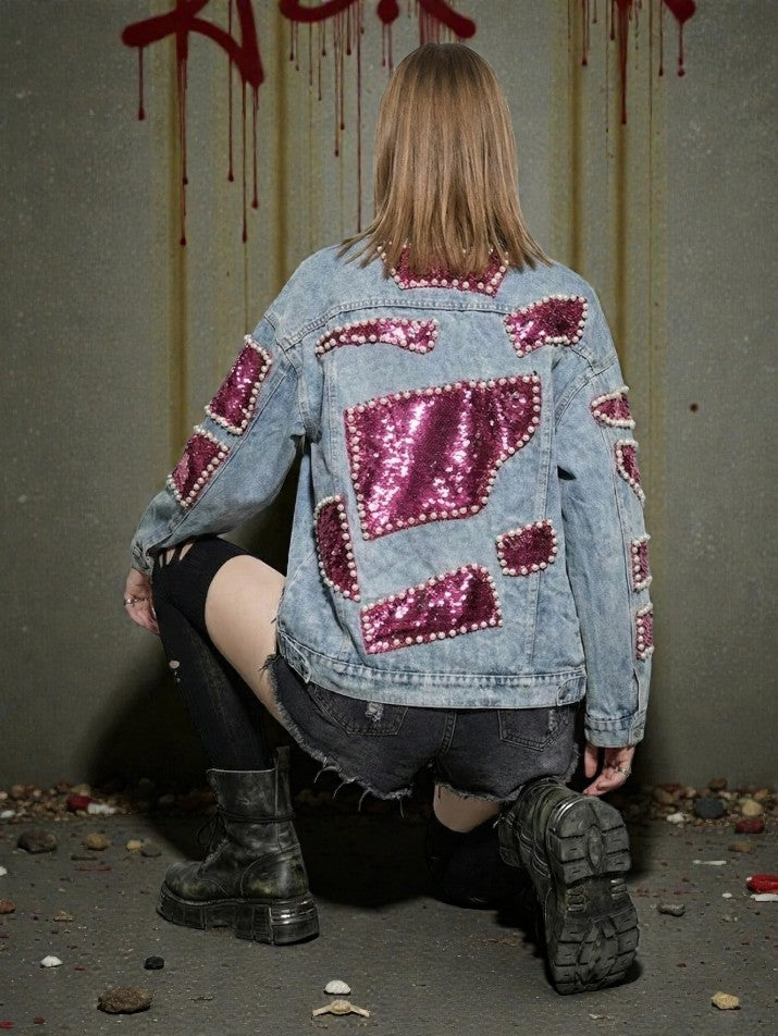 Irregular Sequin Pearl Grunge Denim Jacket
