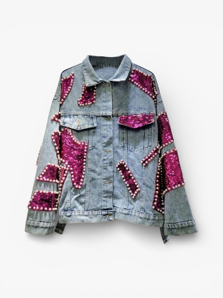Irregular Sequin Pearl Grunge Denim Jacket