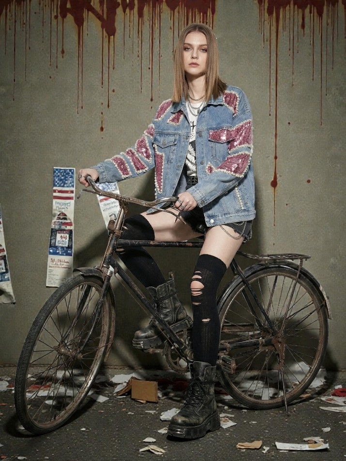 Irregular Sequin Pearl Grunge Denim Jacket