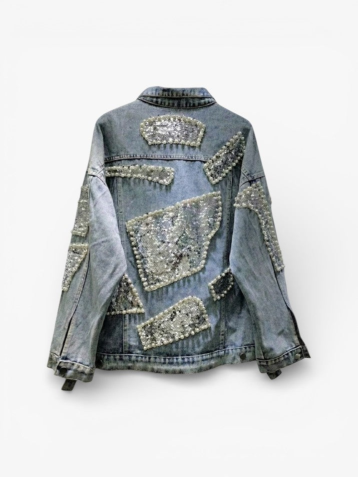 Irregular Sequin Pearl Grunge Denim Jacket