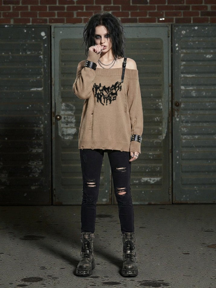 Off-Shoulder Button Knit Sweater