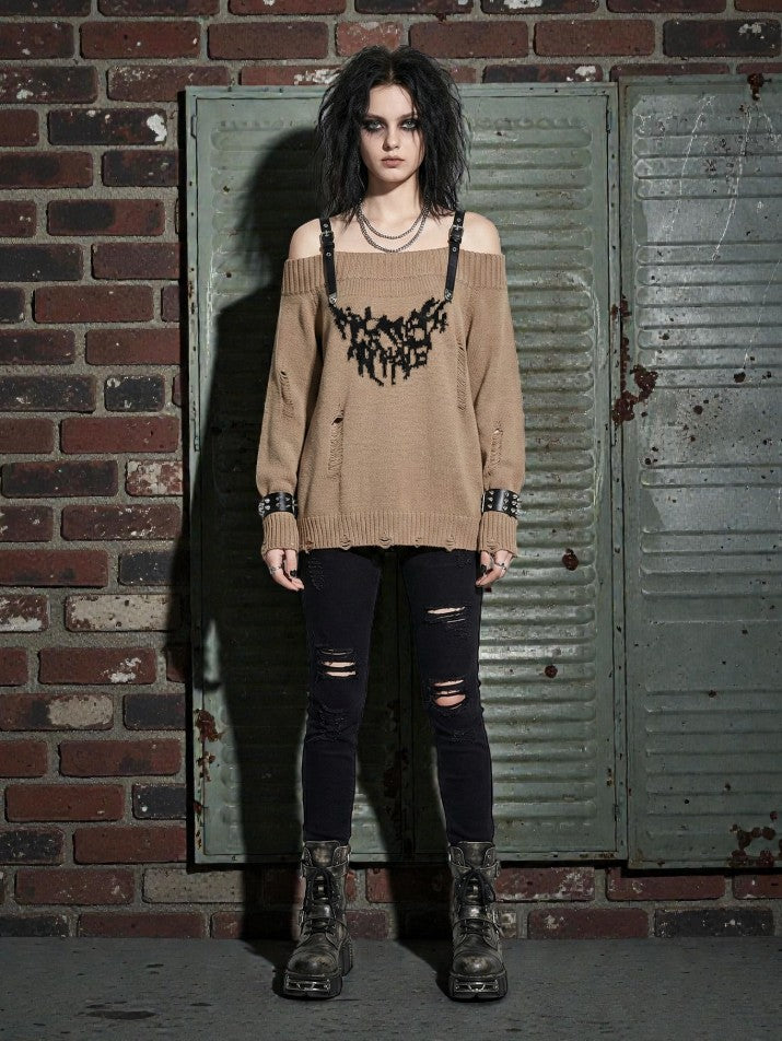 Off-Shoulder Button Knit Sweater
