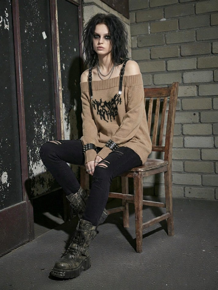 Off-Shoulder Button Knit Sweater