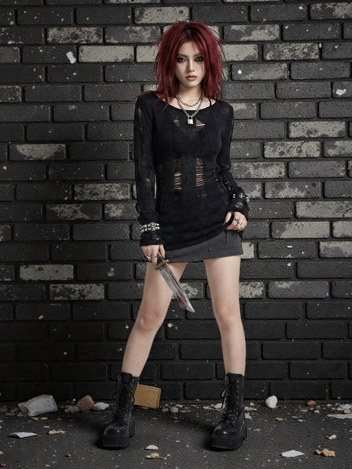 Hollow Knit Long Sleeve Top