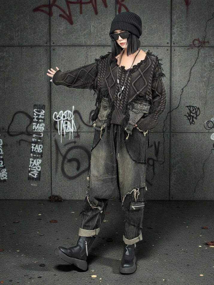 Drop-Crotch Harem Denim Pants