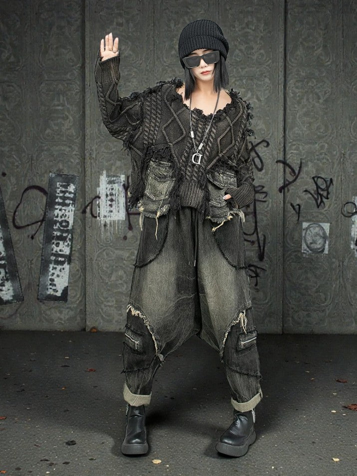 Drop-Crotch Harem Denim Pants