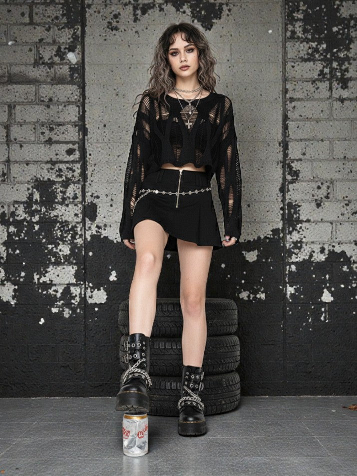 Hollow-Out Batwing Sleeve Grunge Top