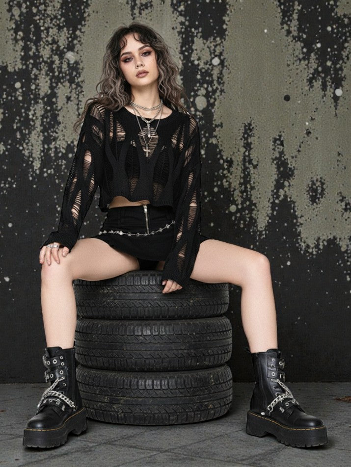 Hollow-Out Batwing Sleeve Grunge Top