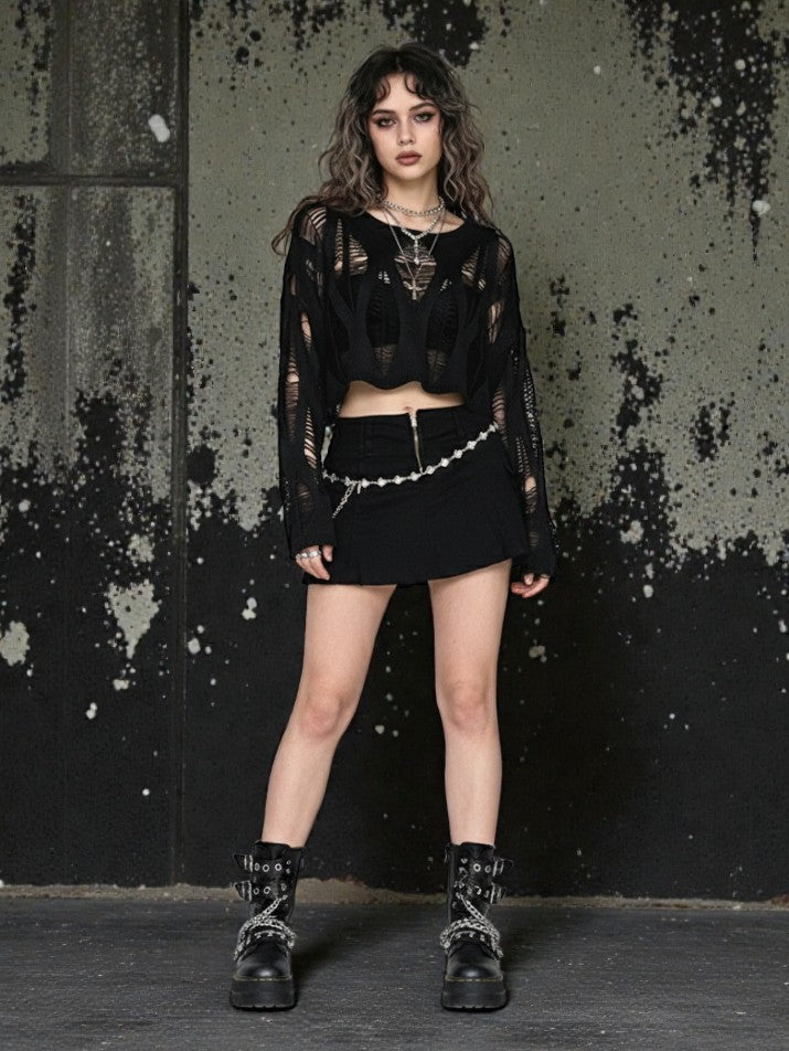 Hollow-Out Batwing Sleeve Grunge Top