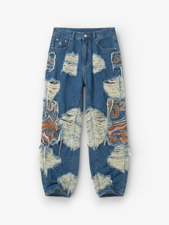 Washed Embroidered Straight Jeans