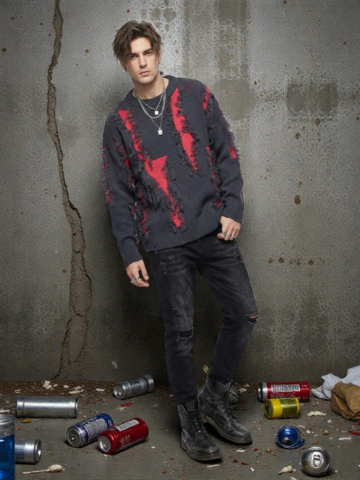 Ripped Crew Neck Knit Sweater