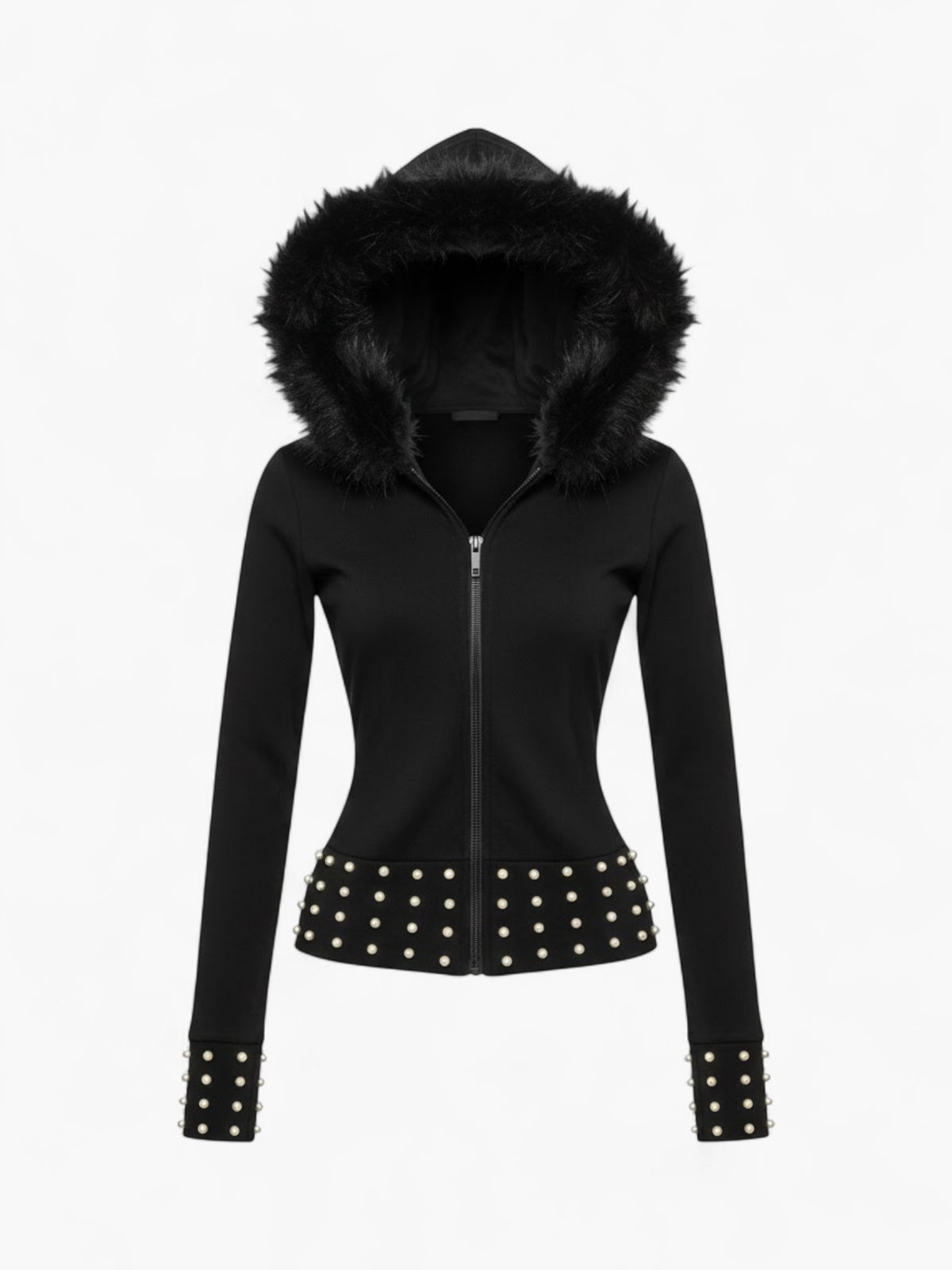 Gothic Fur Collar Studded Zip-Up Hoodie