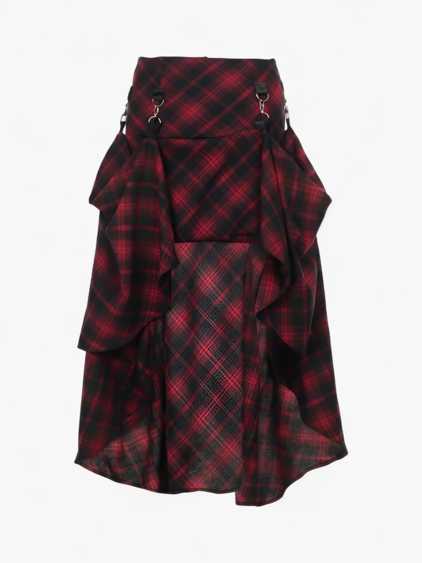 Gothic Red Plaid Draped High-Waist Skirt