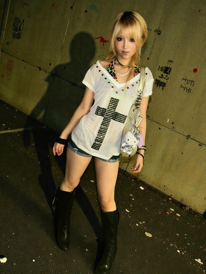Cross Sheer V-Neck Tee