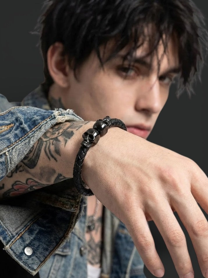 Black Braided Skull Leather Bracelet