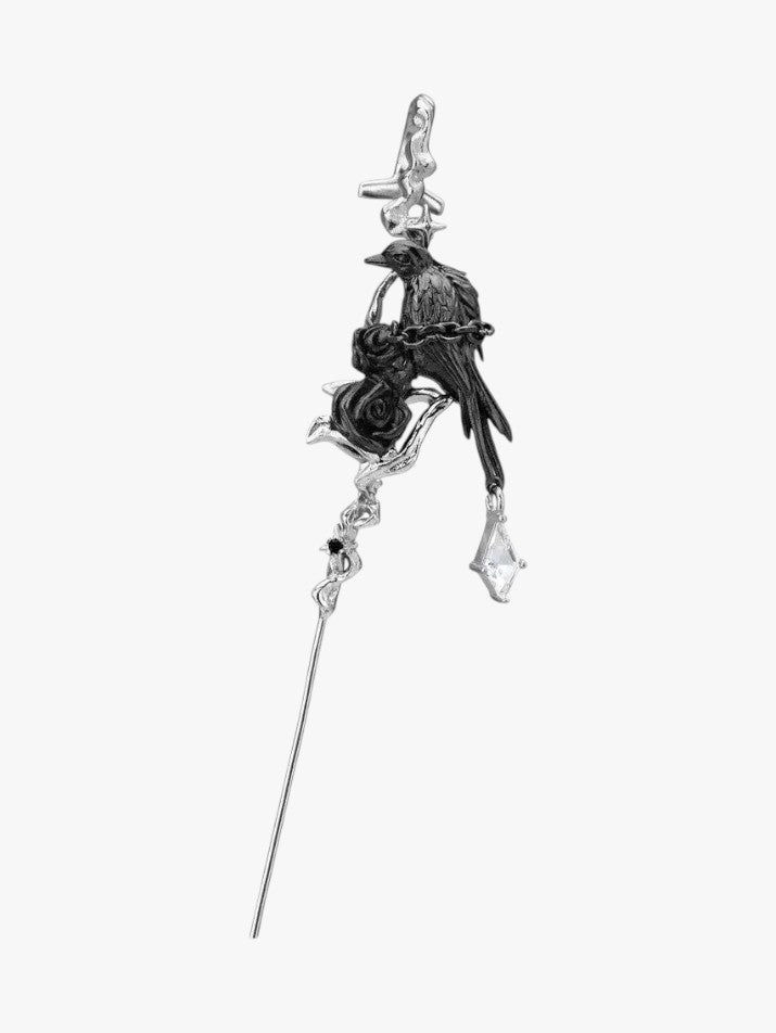 Gothic Thorn Rose Crow Stud Earrings