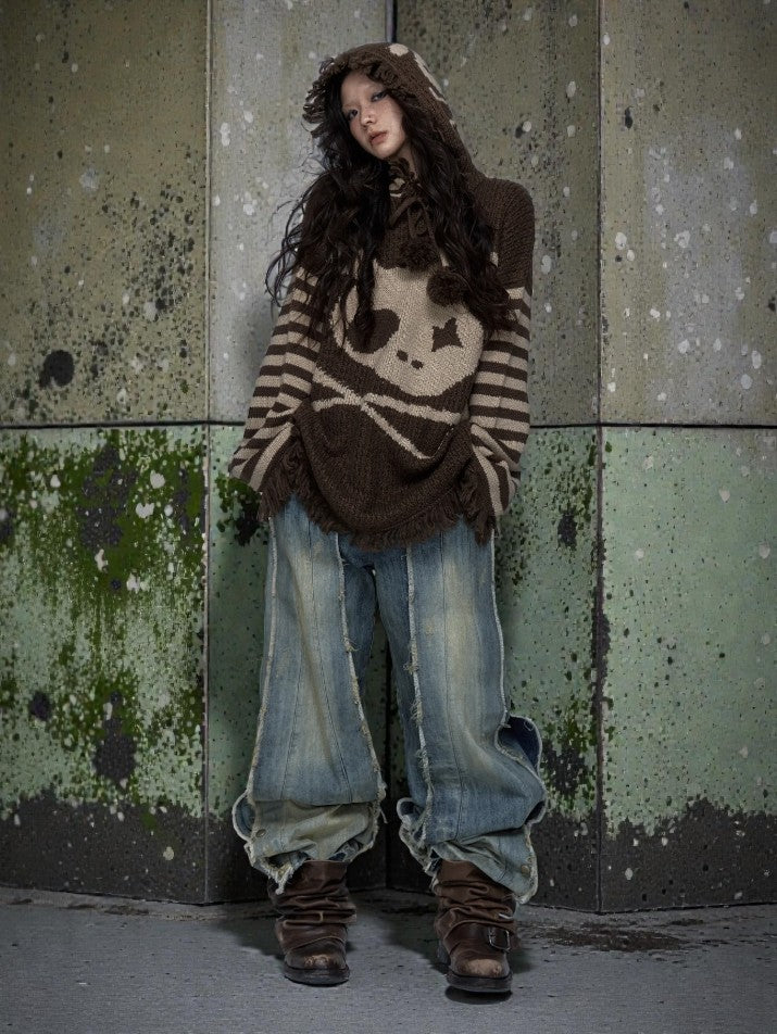 Distressed Hooded Knit Pullover