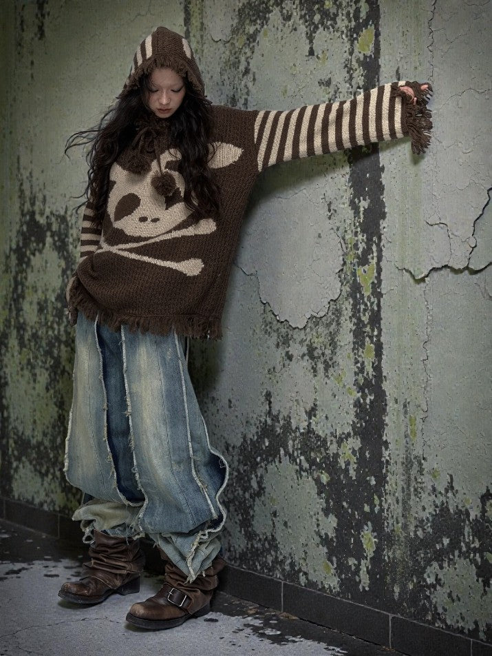 Distressed Hooded Knit Pullover