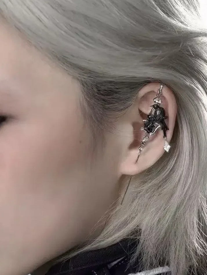 Gothic Thorn Rose Crow Stud Earrings