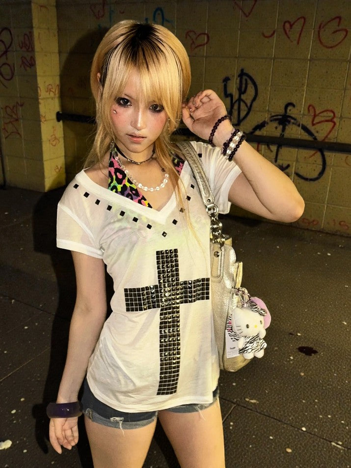 Cross Sheer V-Neck Tee