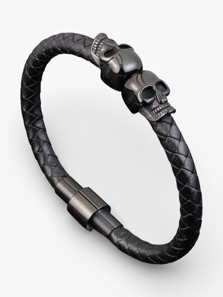 Black Braided Skull Leather Bracelet