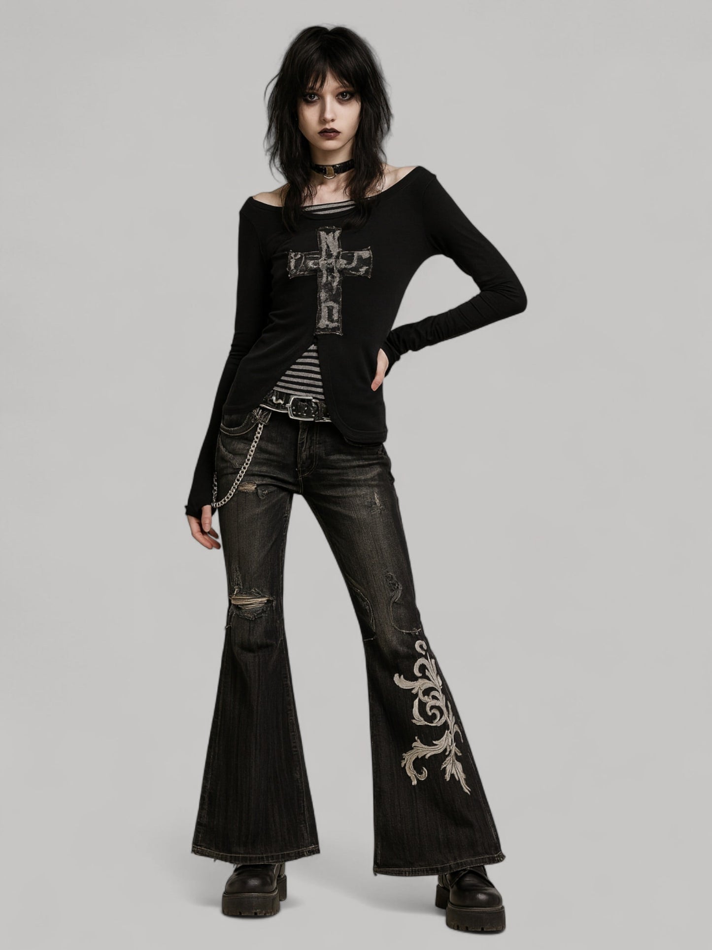 Y2K Embroidered Flare Grunge Jeans