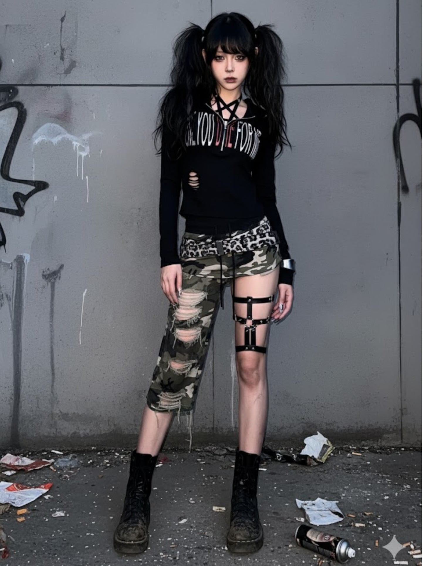Y2K Gothic Hooded Graphic Long Sleeve Top