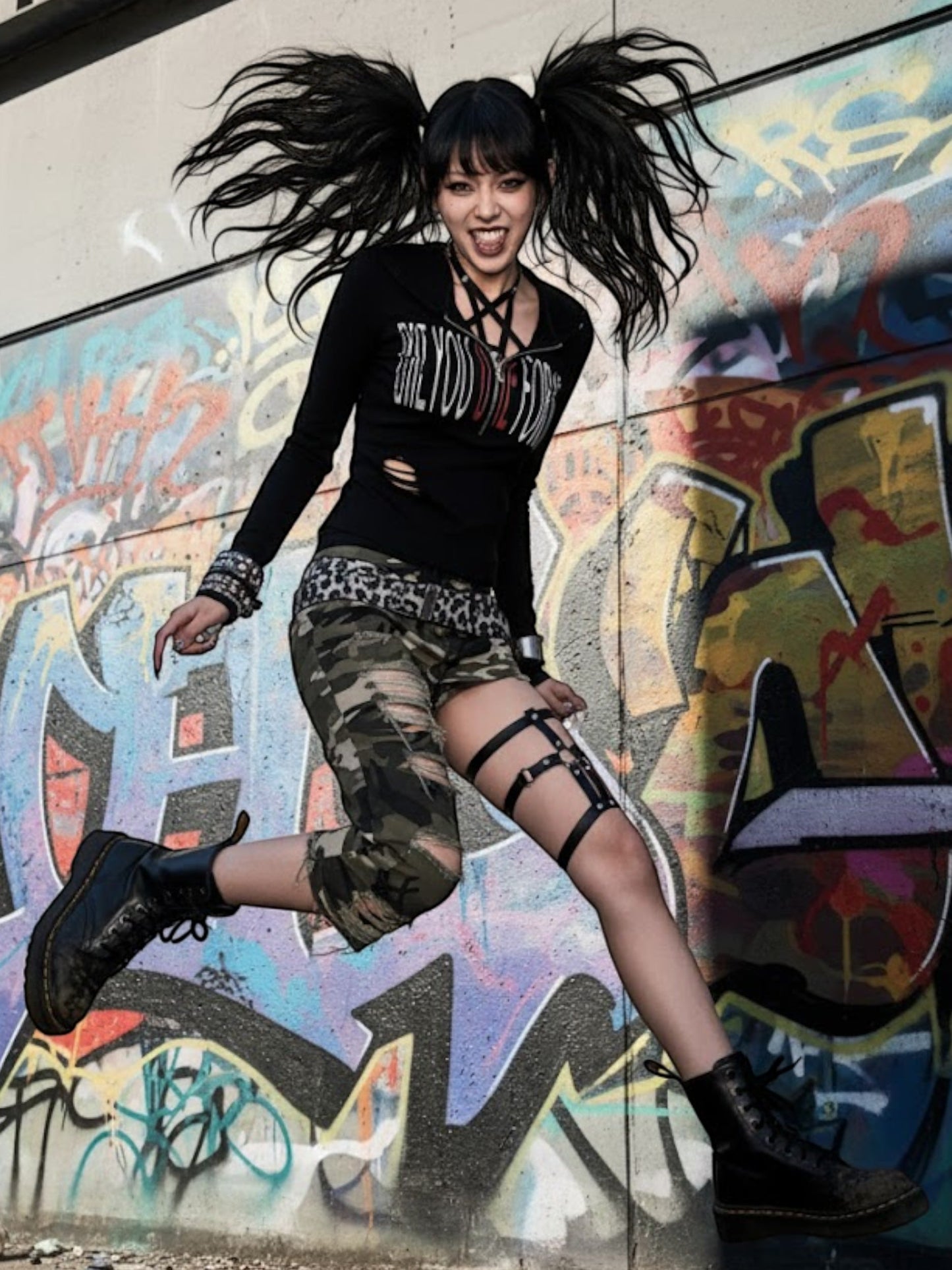 Y2K Gothic Hooded Graphic Long Sleeve Top