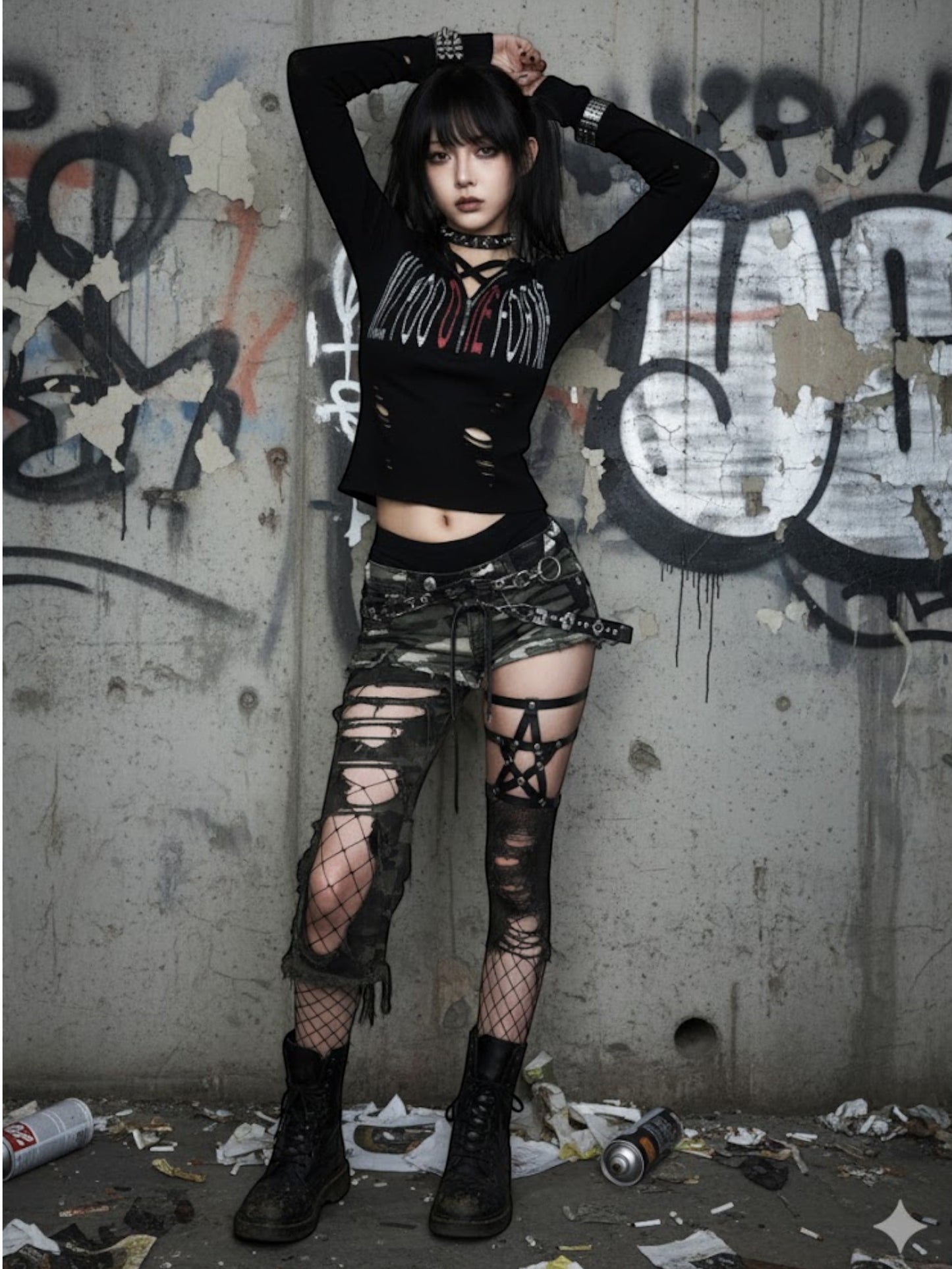 Y2K Gothic Hooded Graphic Long Sleeve Top