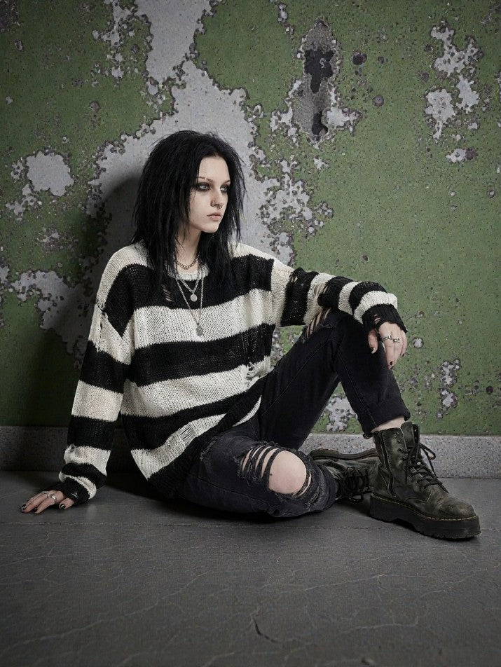 Ripped Stripe Knit Sweater