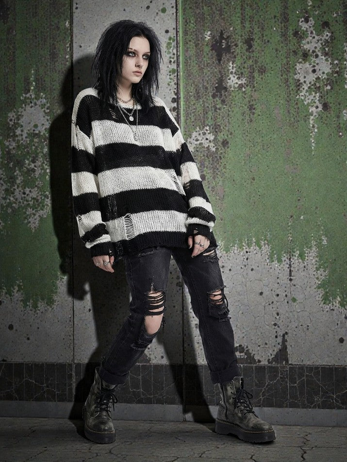 Ripped Stripe Knit Sweater