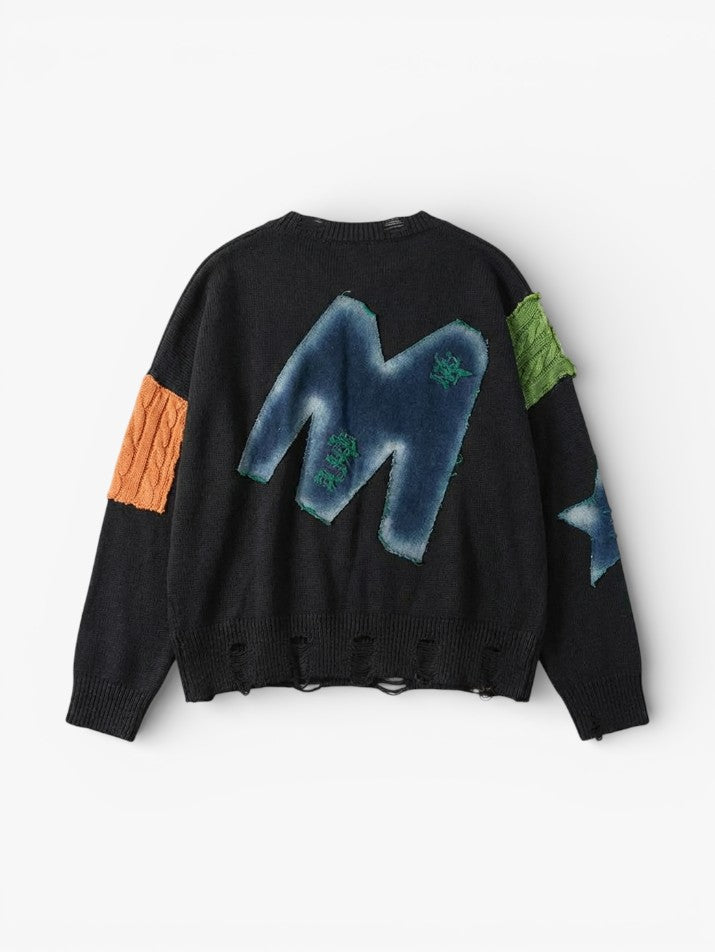 Denim Star Patchwork Pullover Sweater