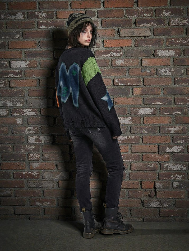 Denim Star Patchwork Pullover Sweater
