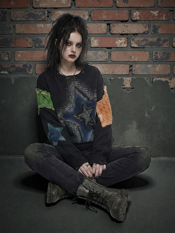 Denim Star Patchwork Pullover Sweater