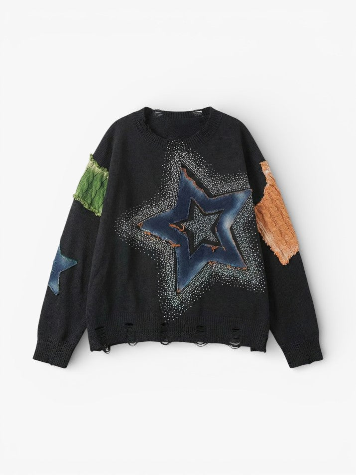 Denim Star Patchwork Pullover Sweater