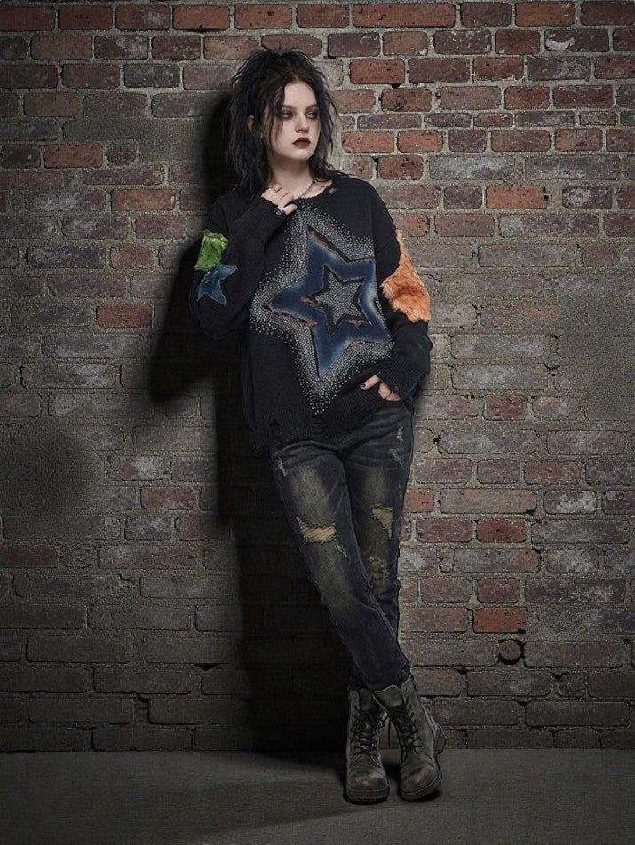 Denim Star Patchwork Pullover Sweater
