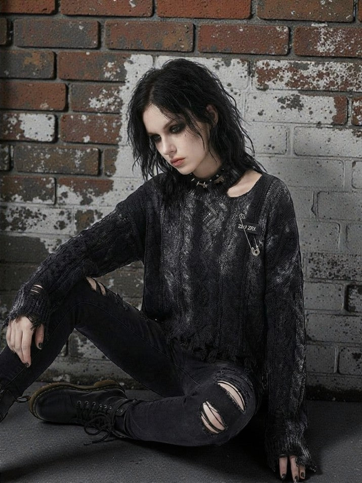 Metal Pin Distressed Knit Pullover