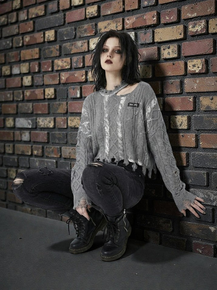 Metal Pin Distressed Knit Pullover
