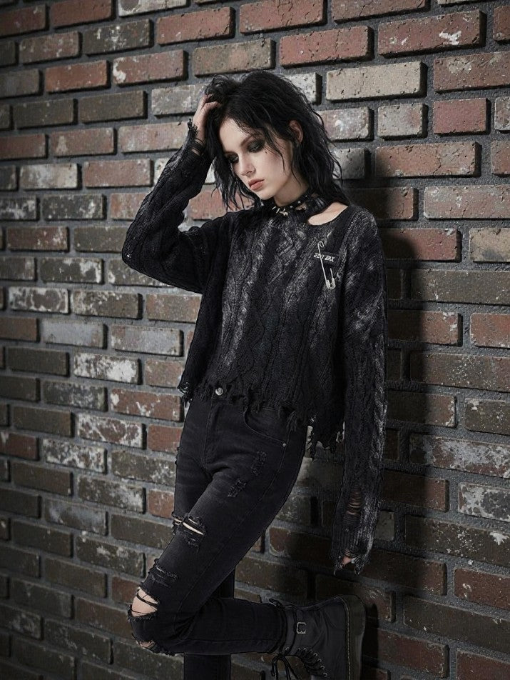 Metal Pin Distressed Knit Pullover